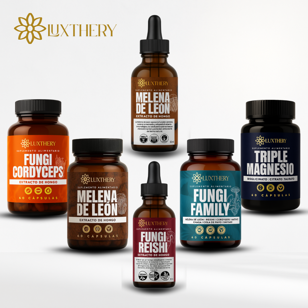Pack Completo de Bienestar y Vitalidad - Melena de León, Cordyceps, Fungi Family, Triple Magnesio + Melena de León (Gotas) y Reishi (Gotas)